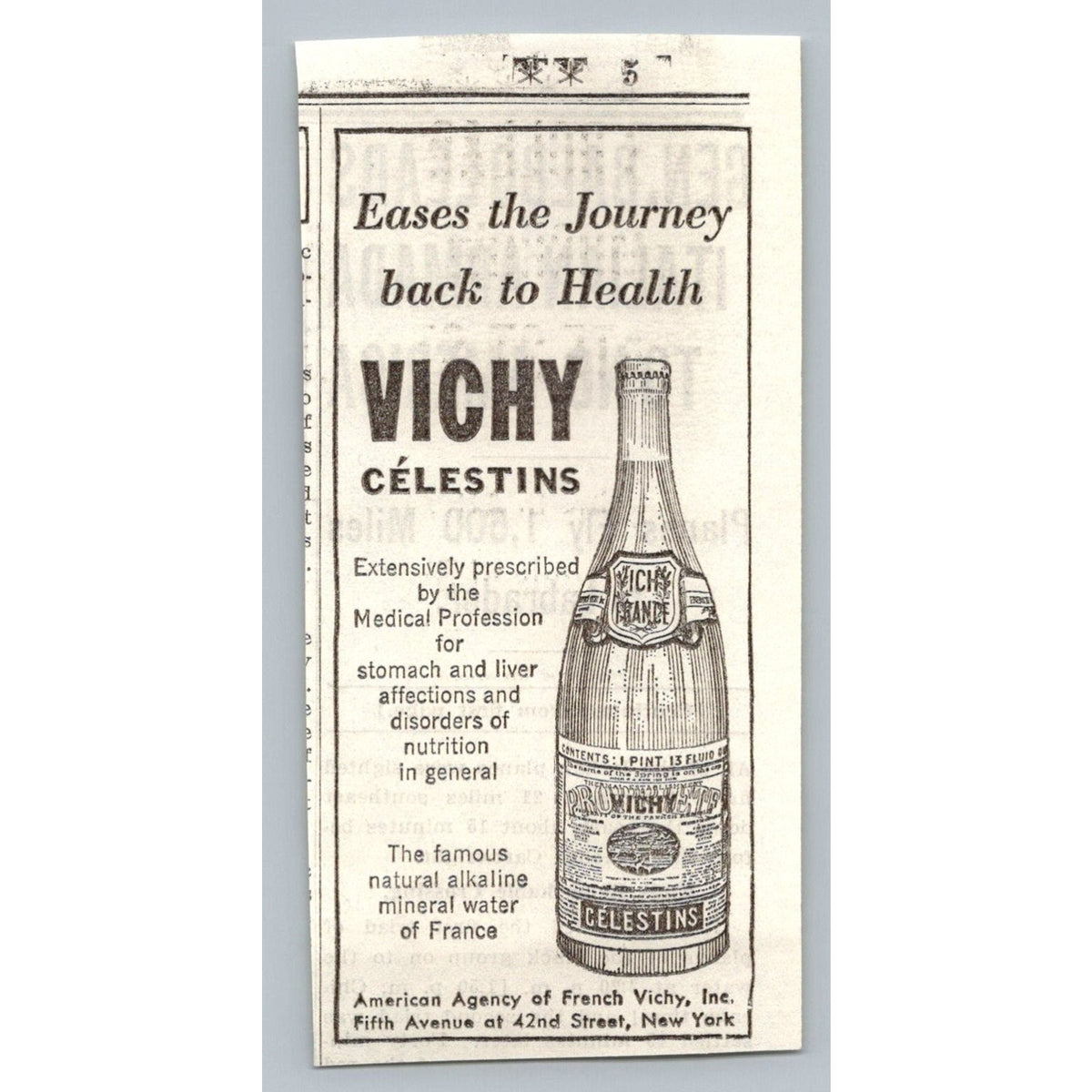 Vichy Célestins Mineral Water Print Ad 1930s French Health New York Ephemera