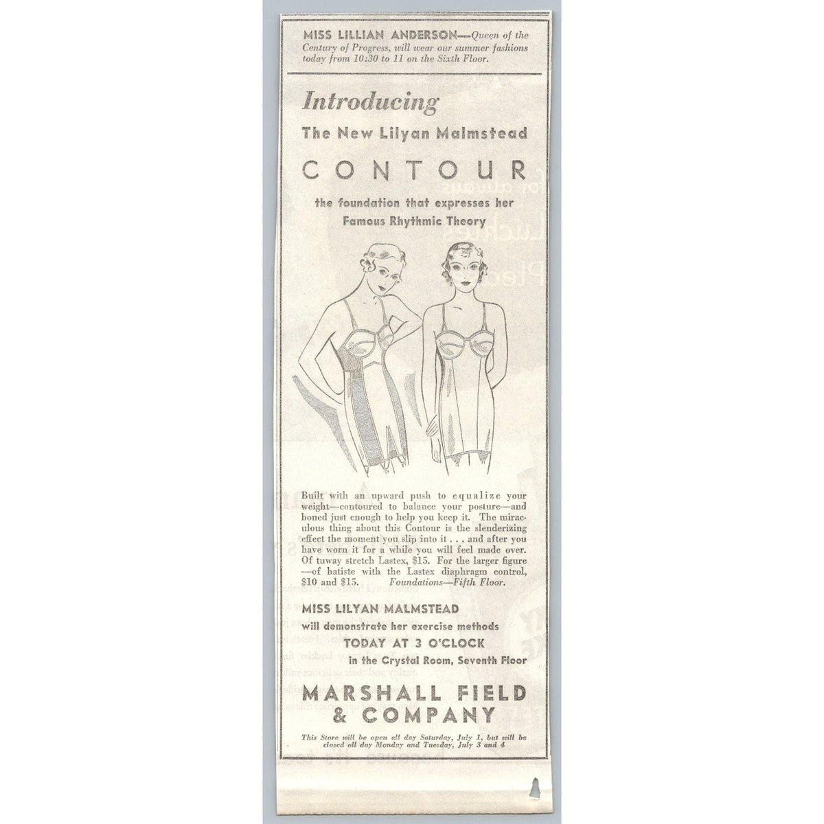 1933 Marshall Field Lilyan Malmstead Contour Corset Print Ad Chicago Ephemera