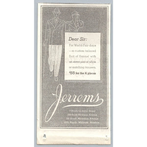 1933 Chicago Jerrems World's Fair Suit Men Womens Fashion Ad Ephemera Art Deco
