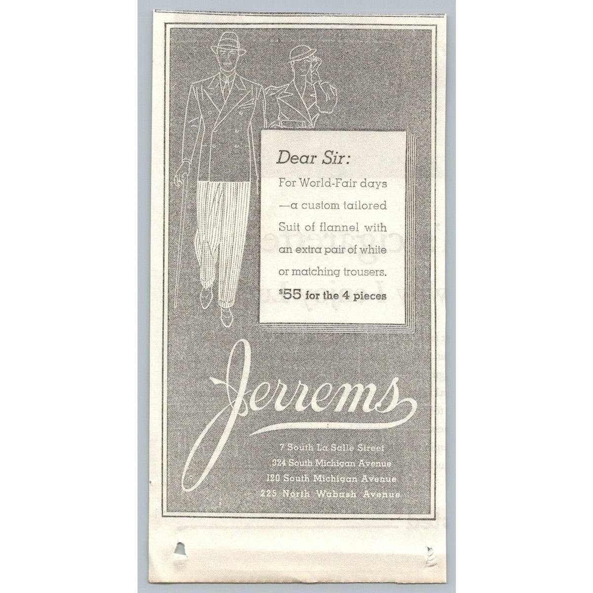 1933 Chicago Jerrems World's Fair Suit Men Womens Fashion Ad Ephemera Art Deco