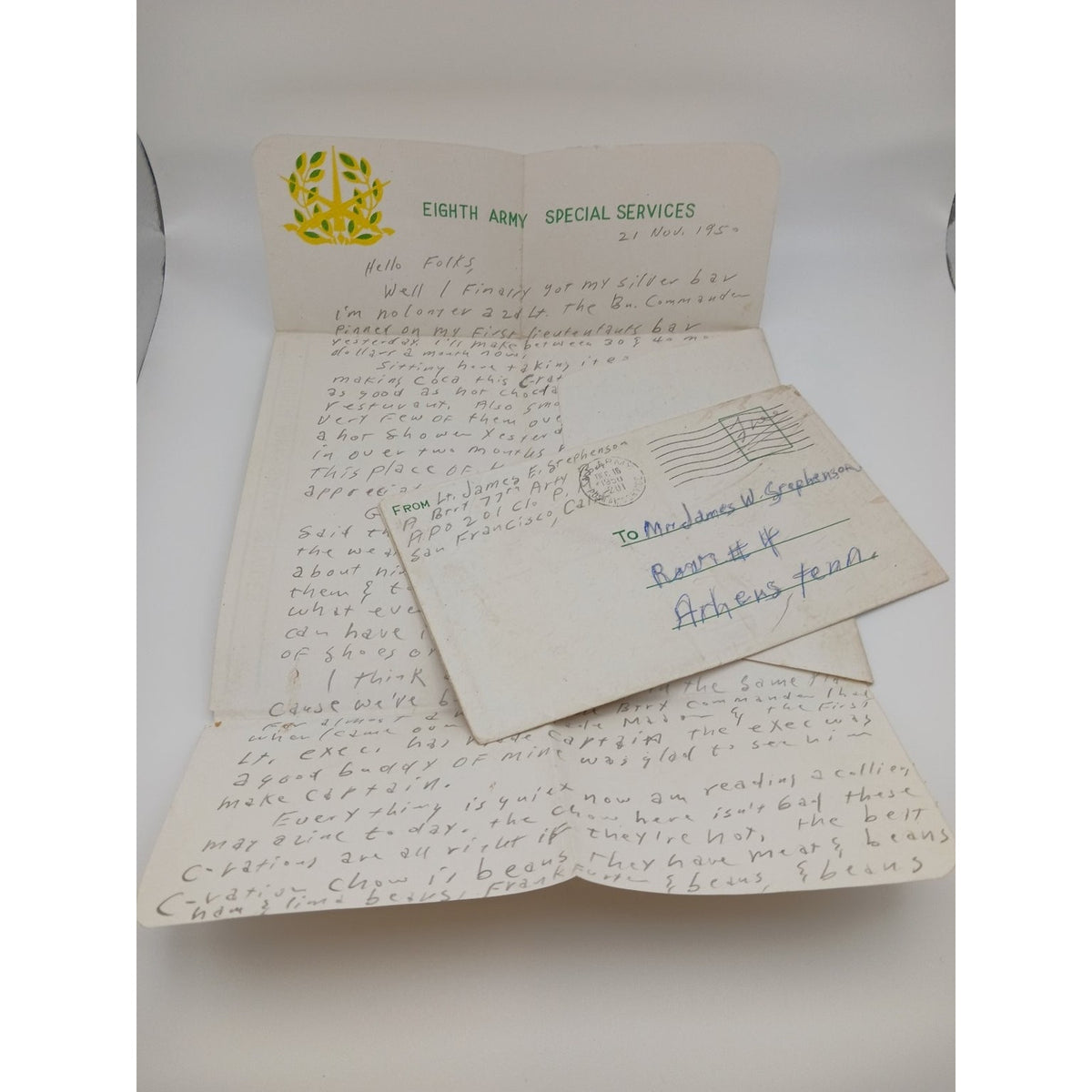 2 1950 Korean War Letters 1st Lt James Stephenson KIA 8th Army Special Services