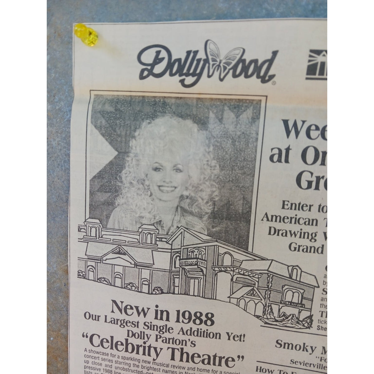 1988 Dollywood Dolly Parton Celebrity Theatre Grand Opening Sweepstakes Print Ad