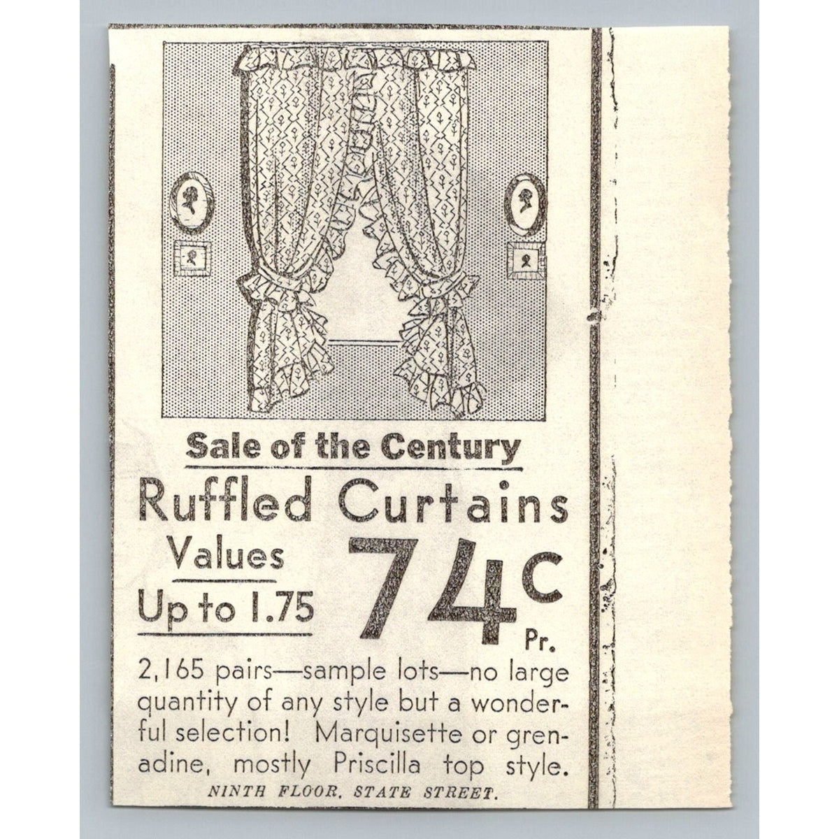 1930s Dept Store Ruffled Curtains Print Ad Priscilla Style State Street