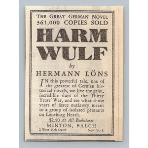 1931 Harm Wulf Hermann Löns German Novel PrintAd Minton Balch New York Ephemera