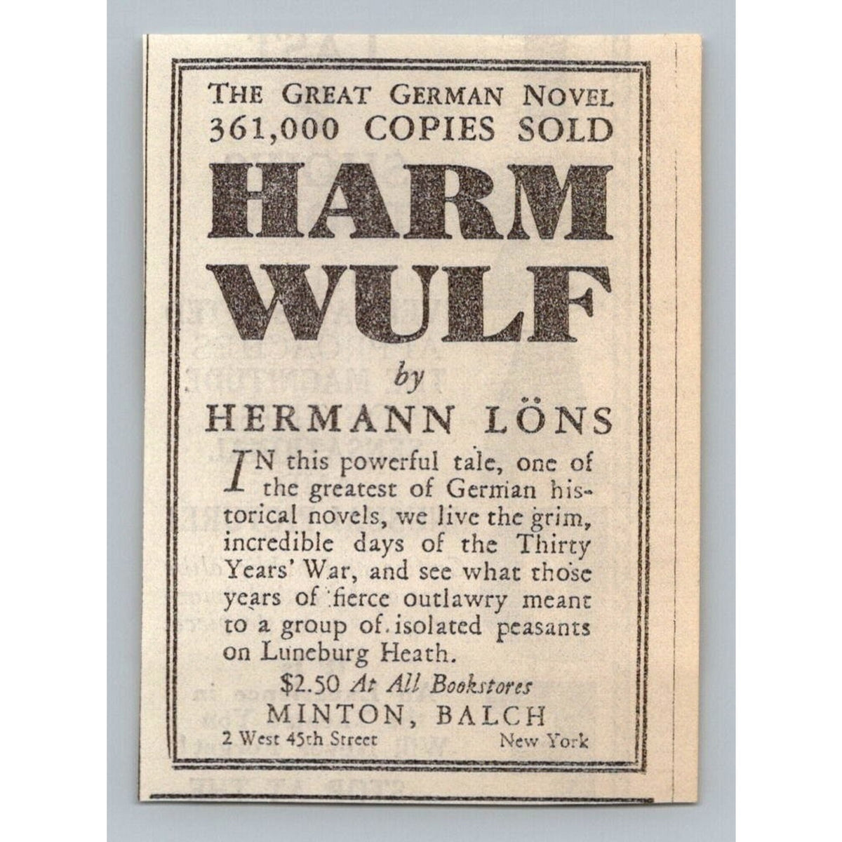 1931 Harm Wulf Hermann Löns German Novel PrintAd Minton Balch New York Ephemera