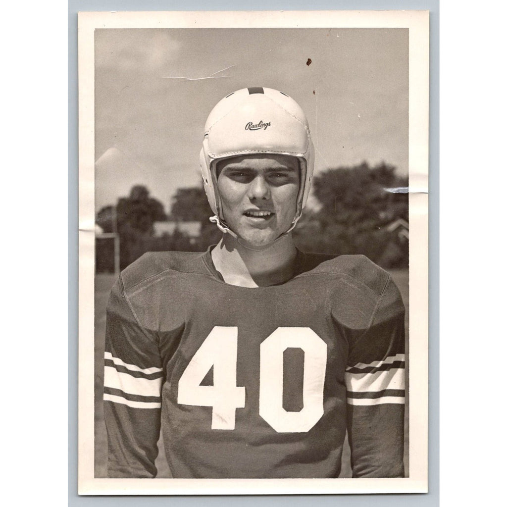 Football Player 1950s Snapshot Photograph Rawlings Helmet #40 Elyria Ohio