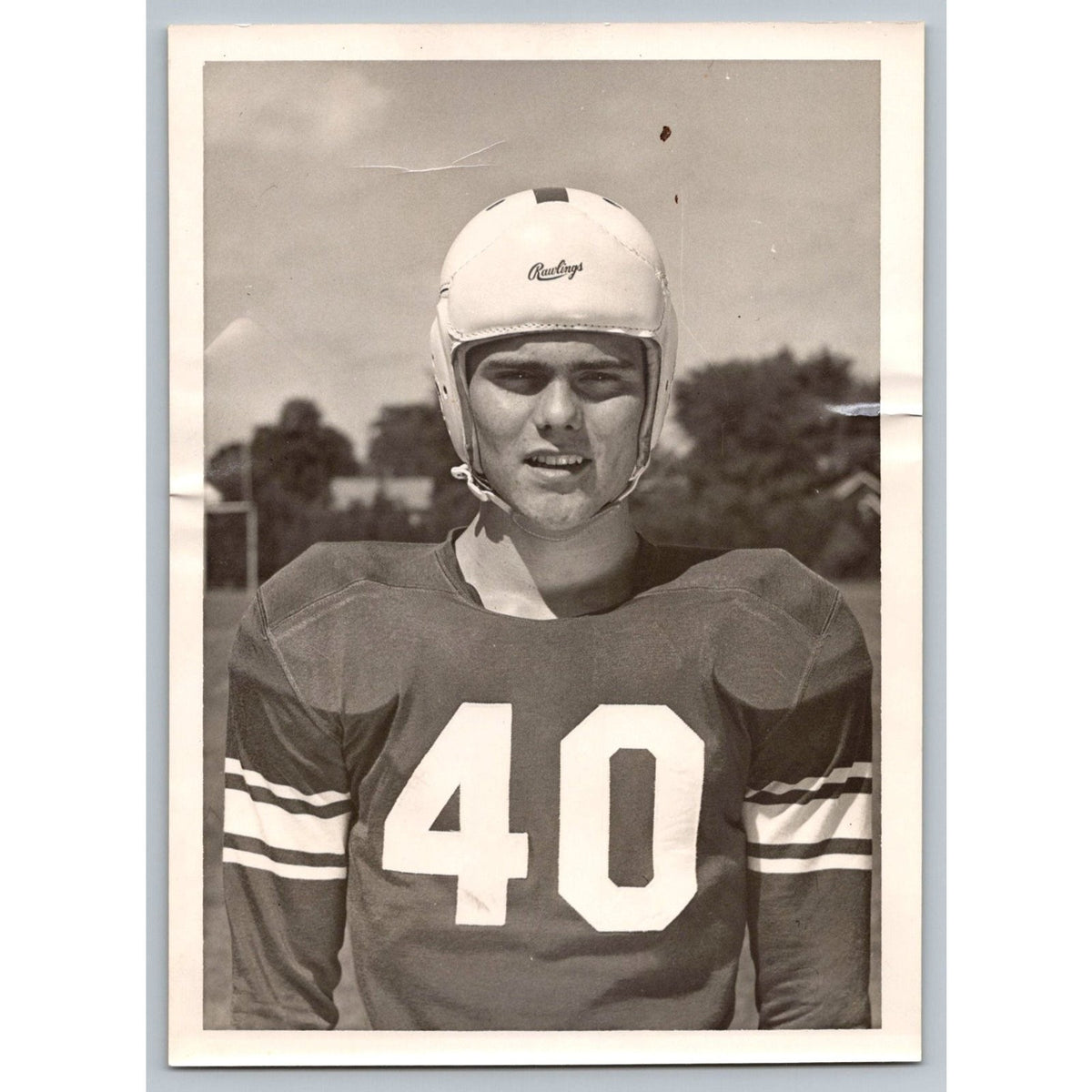 Football Player 1950s Snapshot Photograph Rawlings Helmet #40 Elyria Ohio