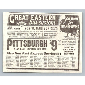 1935 Great Eastern Bus System Thanksgiving Turkey Ad Chicago Travel Ephemera