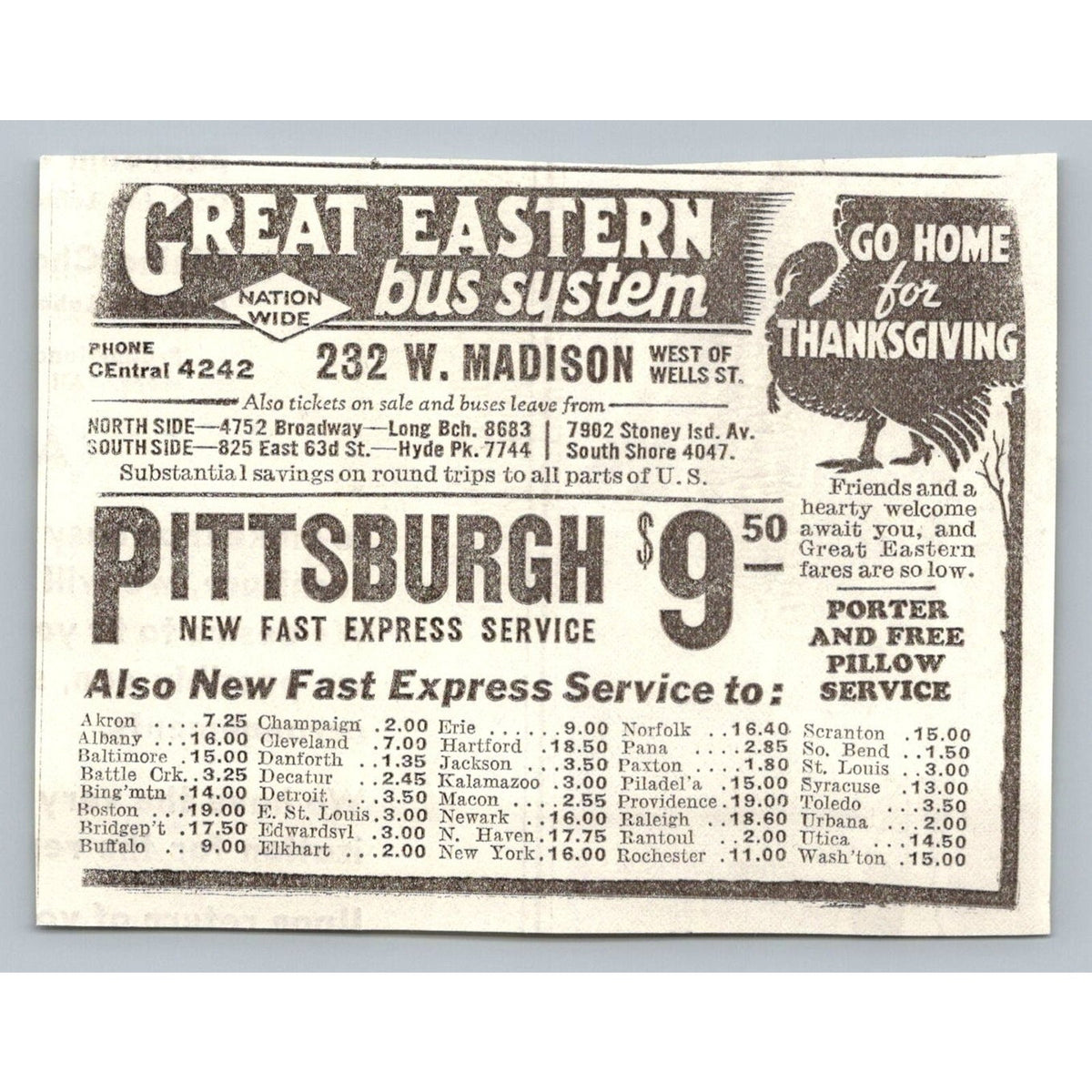 1935 Great Eastern Bus System Thanksgiving Turkey Ad Chicago Travel Ephemera