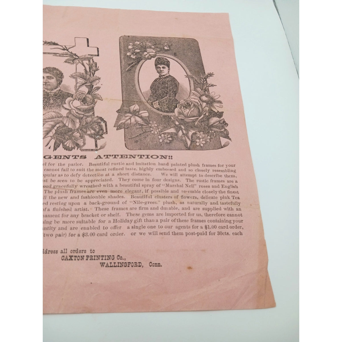 1870s 1880s Antique Victorian Caxton Printing Co Conn Photo Frame Agent Ad Flyer