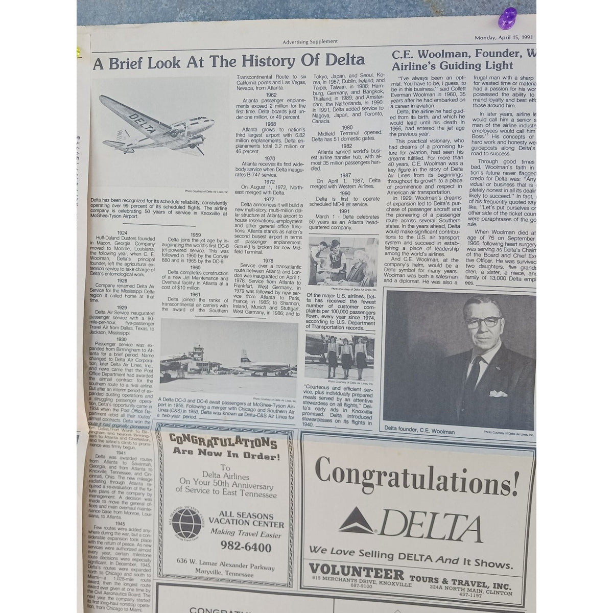 Delta Air Lines 50 Years Service Knoxville 1991 Newspaper Article Stewardess Art
