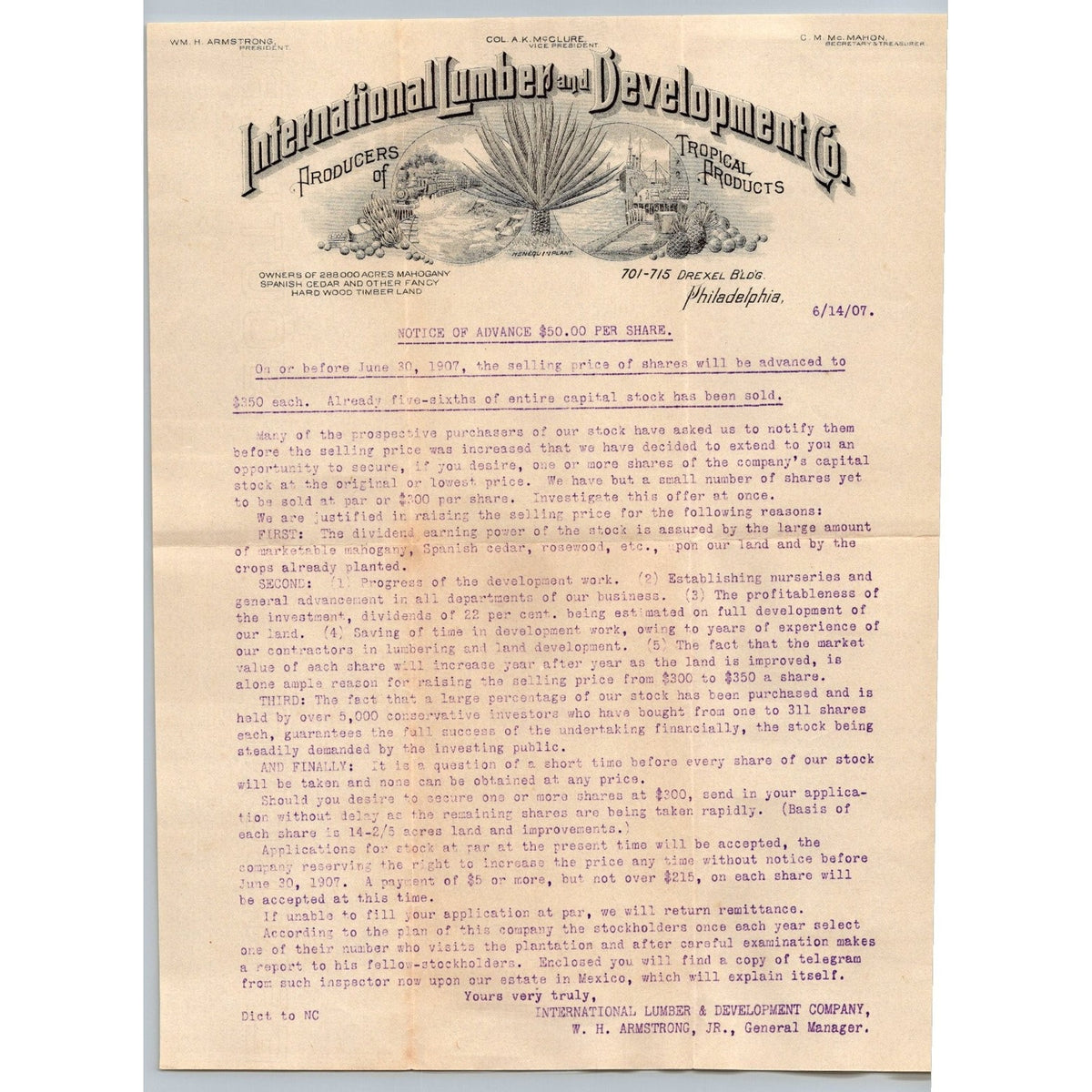 1907 International Lumber & Development Co Philadelphia Stock Notice Letterhead