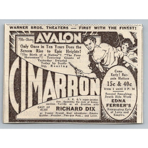 1931 Cimarron Movie Ad Richard Dix Edna Ferber Avalon Theater Chicago