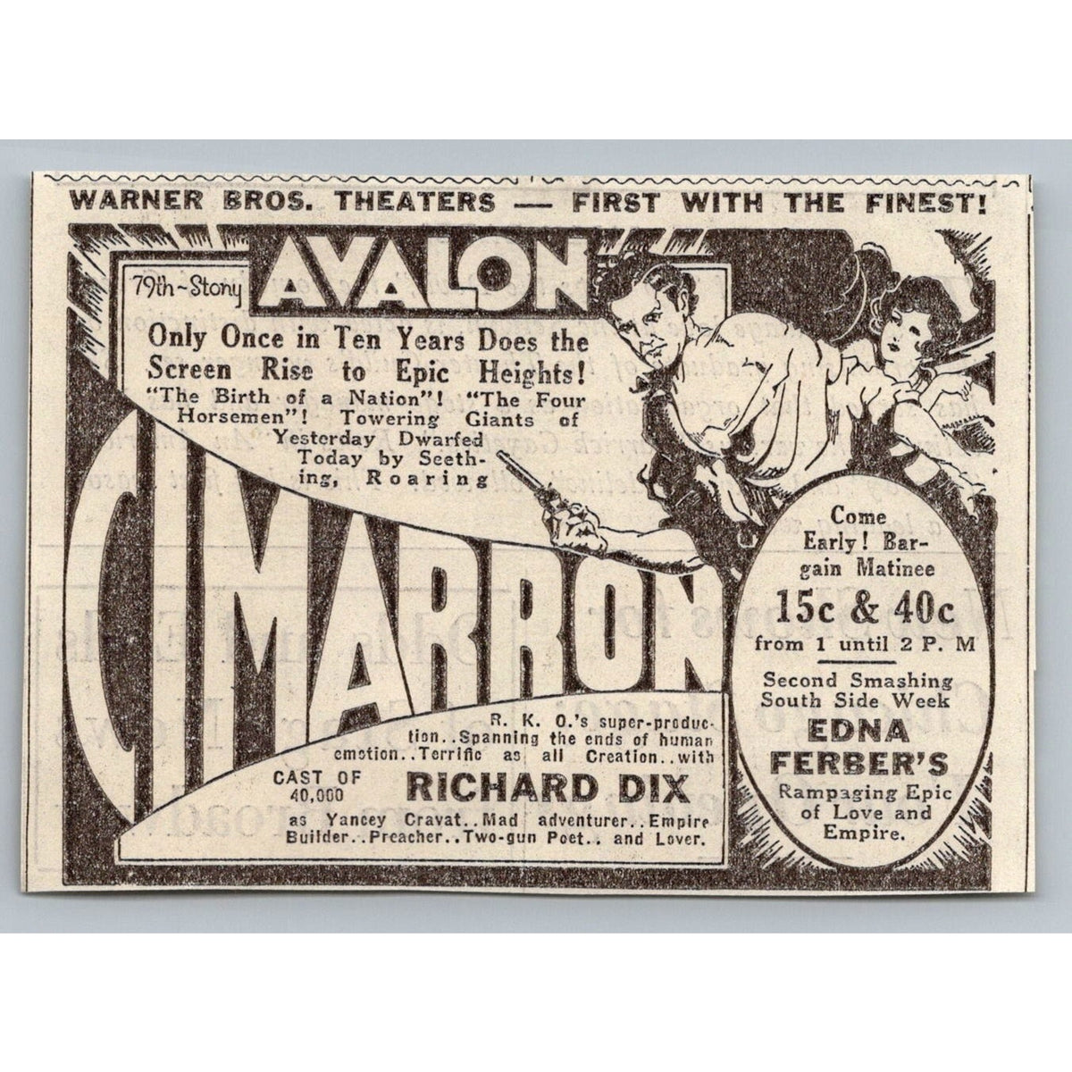 1931 Cimarron Movie Ad Richard Dix Edna Ferber Avalon Theater Chicago
