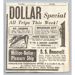 1933 S S Roosevelt World's Fair Michigan City Dollar Cruise Print Ad Rates