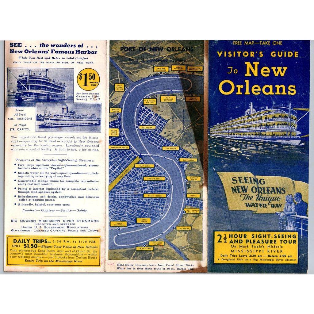 1930s New Orleans Harbor Sightseeing Steamboat Travel Brochure Map Pamphlet
