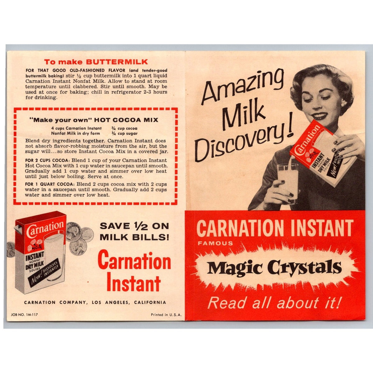 1950s Carnation Instant Dry Milk Magic Crystals Recipe Flyer Brochure Ad Vintage