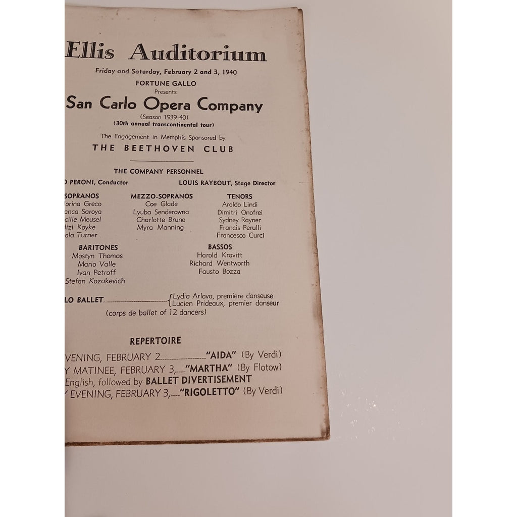 1940 San Carlo Opera Company Program Ellis Auditorium Memphis Aida Martha