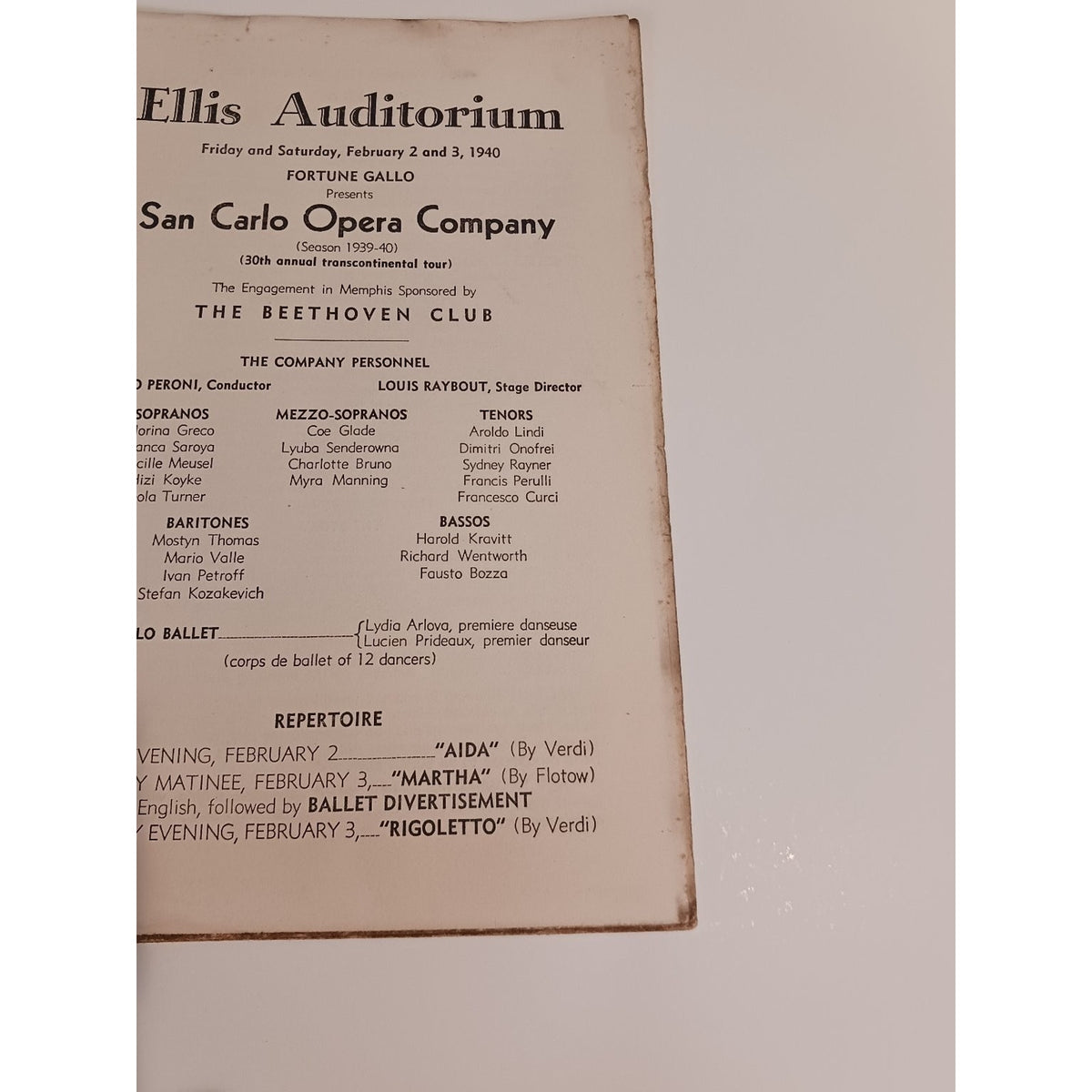 1940 San Carlo Opera Company Program Ellis Auditorium Memphis Aida Martha