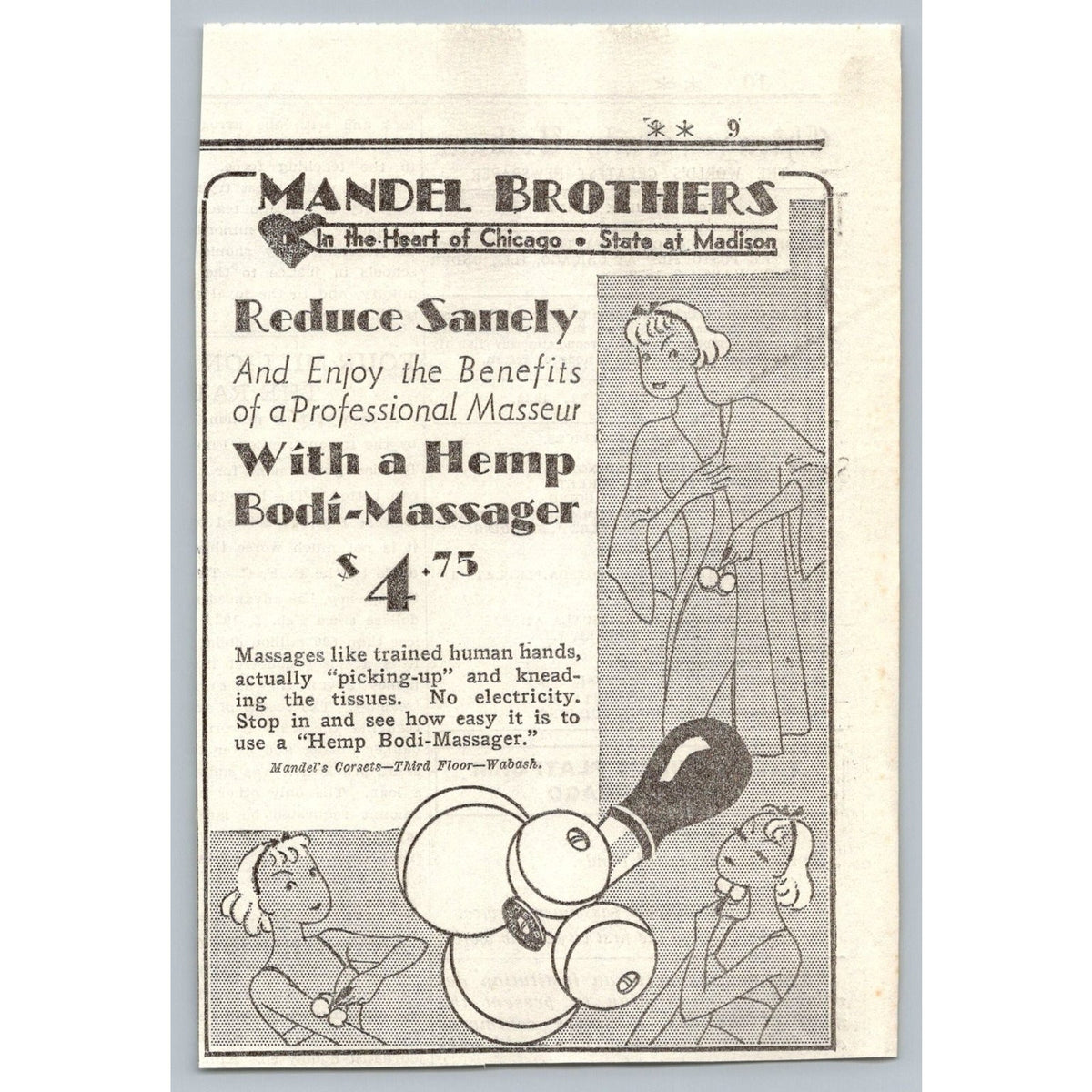 1930s Mandel Brothers Chicago Hemp Bodi Massager Vintage Print Ad Ephemera