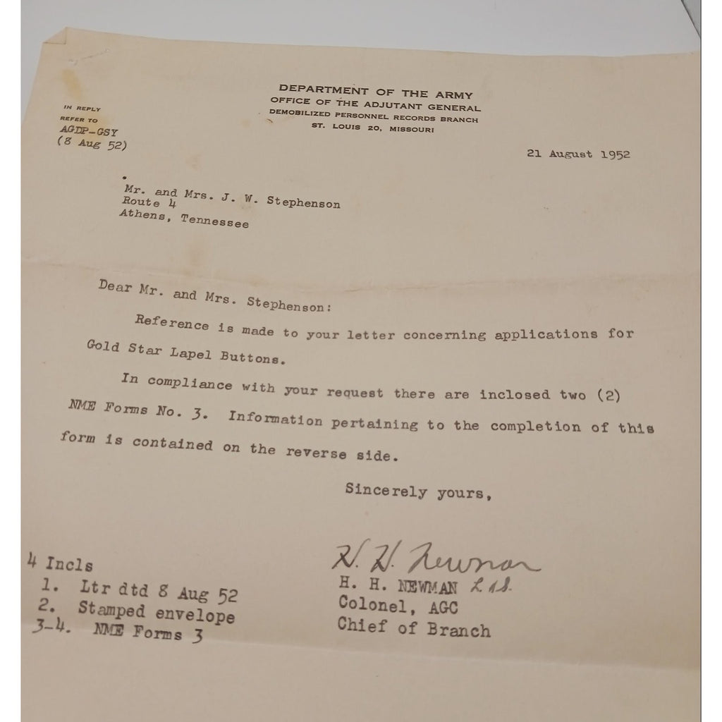 Korean War US Army Letters Document Lot KIA Remains Home 1st Lt James Stephenson