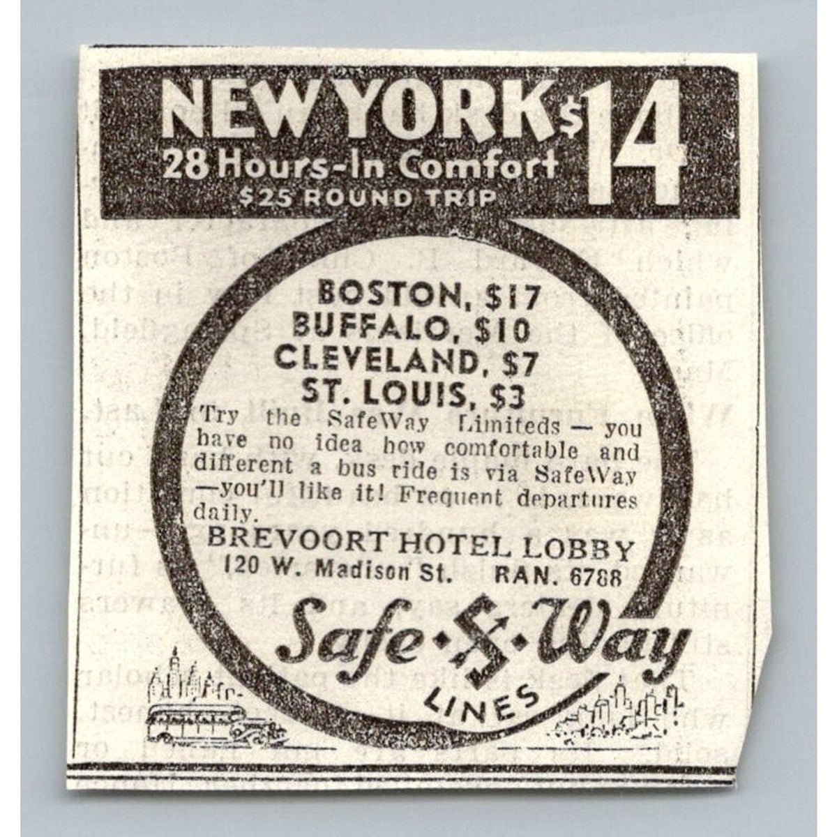 1933 Vintage Safe Way Lines Bus Print Ad 1930s Chicago New York Travel Ephemera