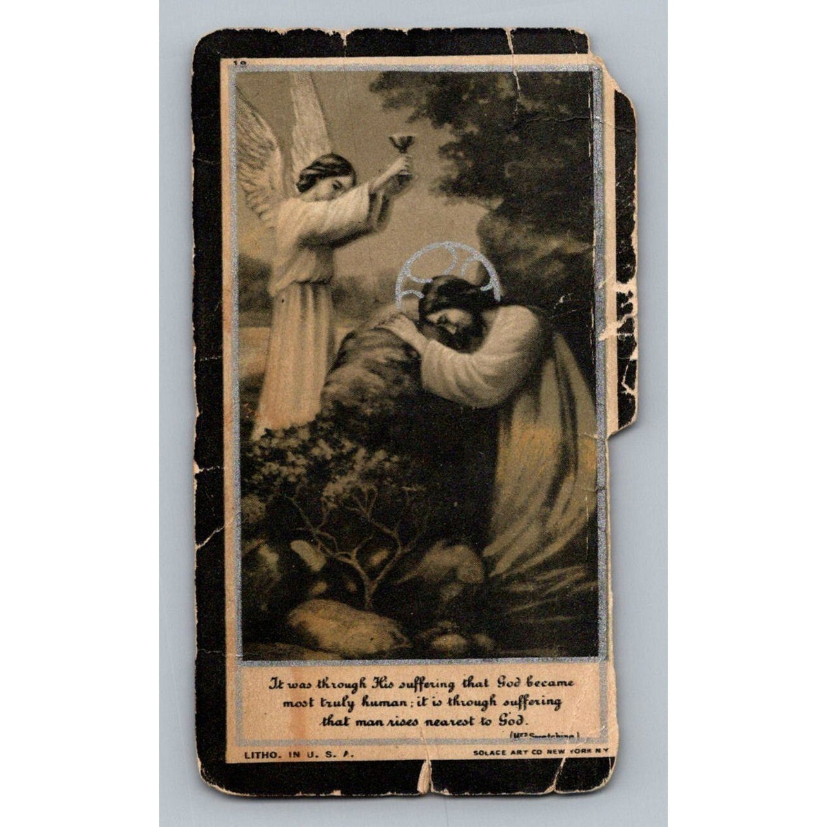 1936 Catholic Memorial Prayer Card Jesus Angel Gethsemane Solace Art USA