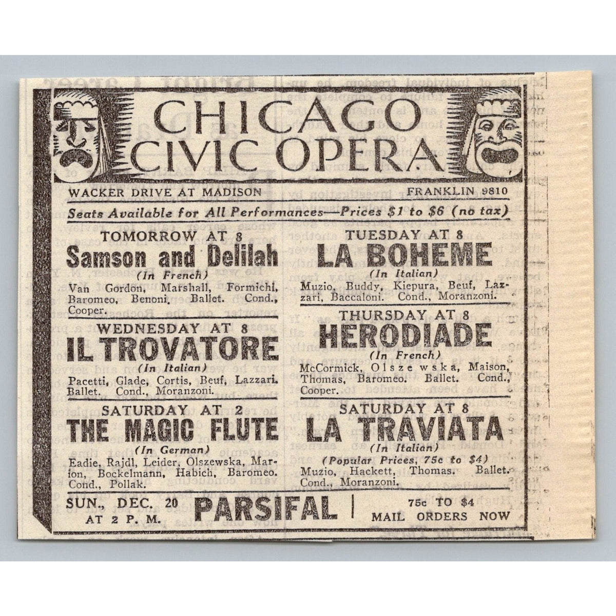 1931 Chicago Civic Opera Print Ad Samson & Delilah La Bohème Il Trovatore