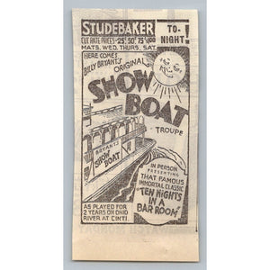 1931 Billy Bryant's Show Boat Troupe Ohio River Cincinnati Print Ad Ephemera