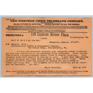 1907 Western Union Telegram Champoton Mexico International Lumber & Development