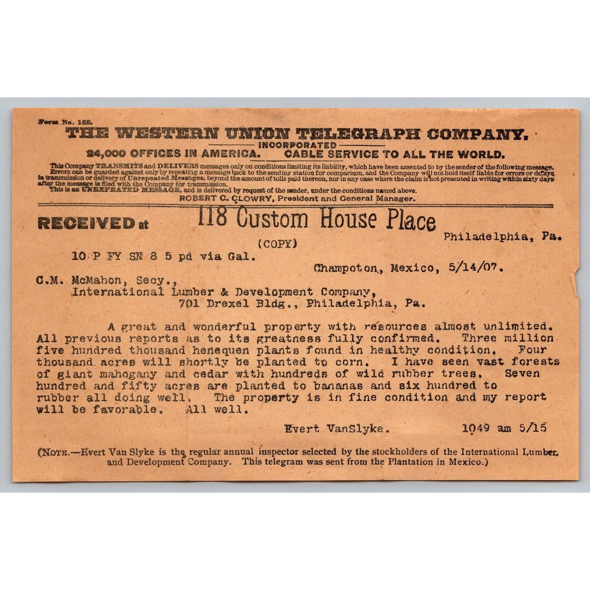 1907 Western Union Telegram Champoton Mexico International Lumber & Development