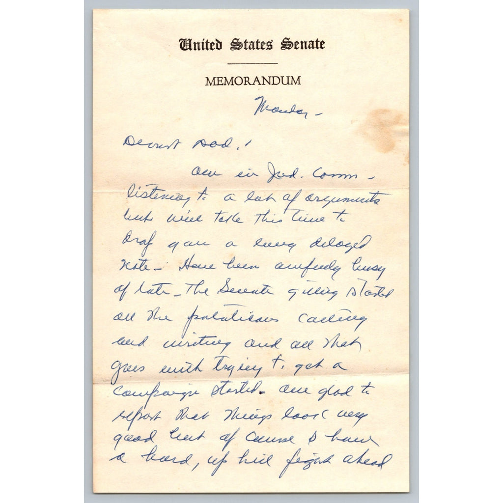 3 Page Estes Kefauver Talks About Campaigning Hand Wrote Personal Letter To Dad