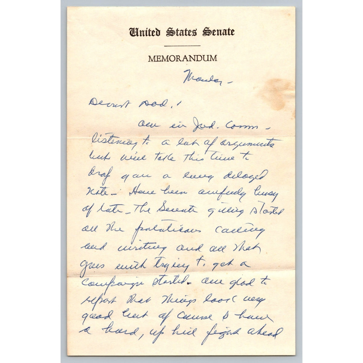 3 Page Estes Kefauver Talks About Campaigning Hand Wrote Personal Letter To Dad