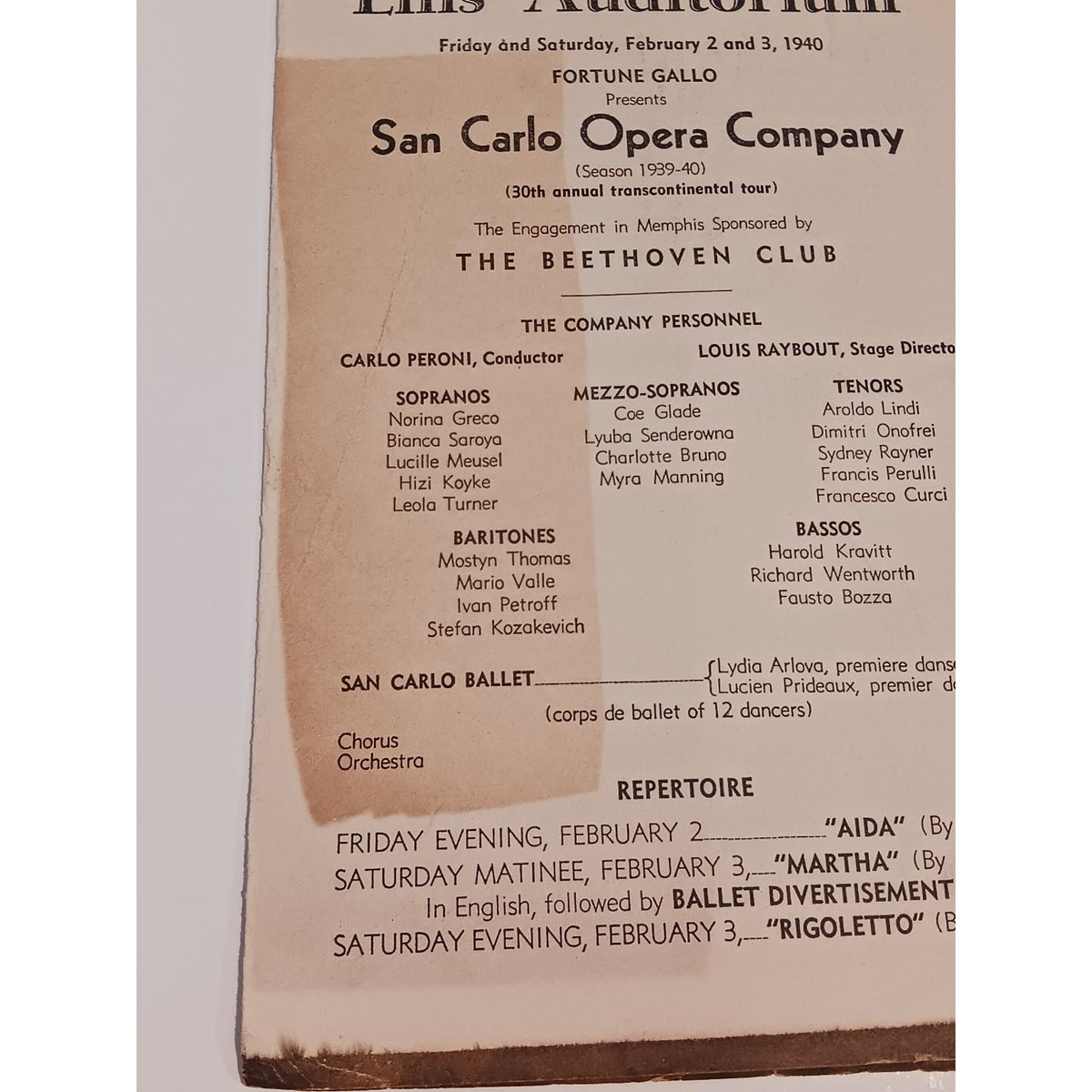 1940 San Carlo Opera Company Program Ellis Auditorium Memphis Aida Martha