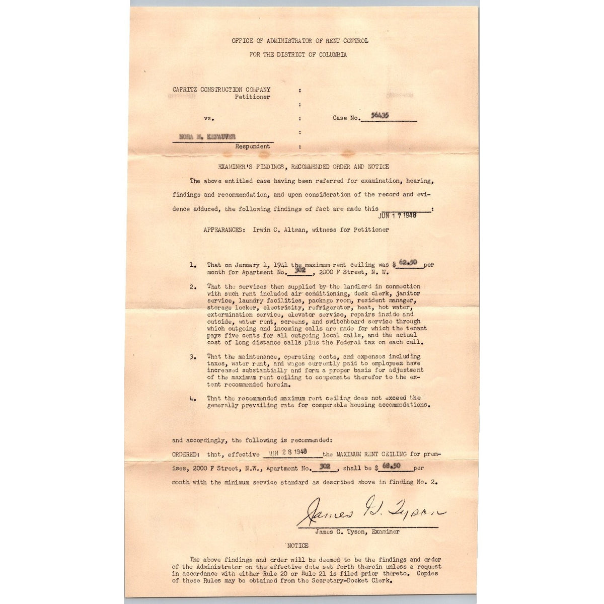 1948 DC Rent Control Document Washington DC Ephemera James G. Tyson Kefauver