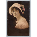 Antique Tinted RPPC Postcard Pretty Woman Photo Hat Flowers Edwardian Era