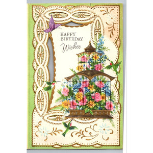 Vintage Birthday Greeting Card Die Cut Floral Birdcage Hummingbird Made in USA