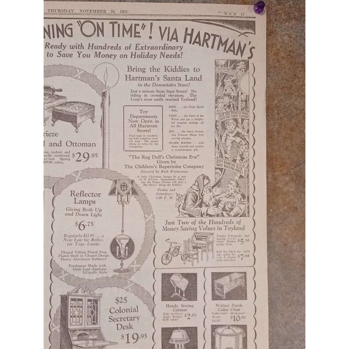 1931 Chicago Tribune Hartman's Christmas Ad Santa Land Toyland Furniture