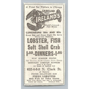 1933 Ireland's Fish House Chicago Ad 1930s Lobster Dinner Ephemera Rates