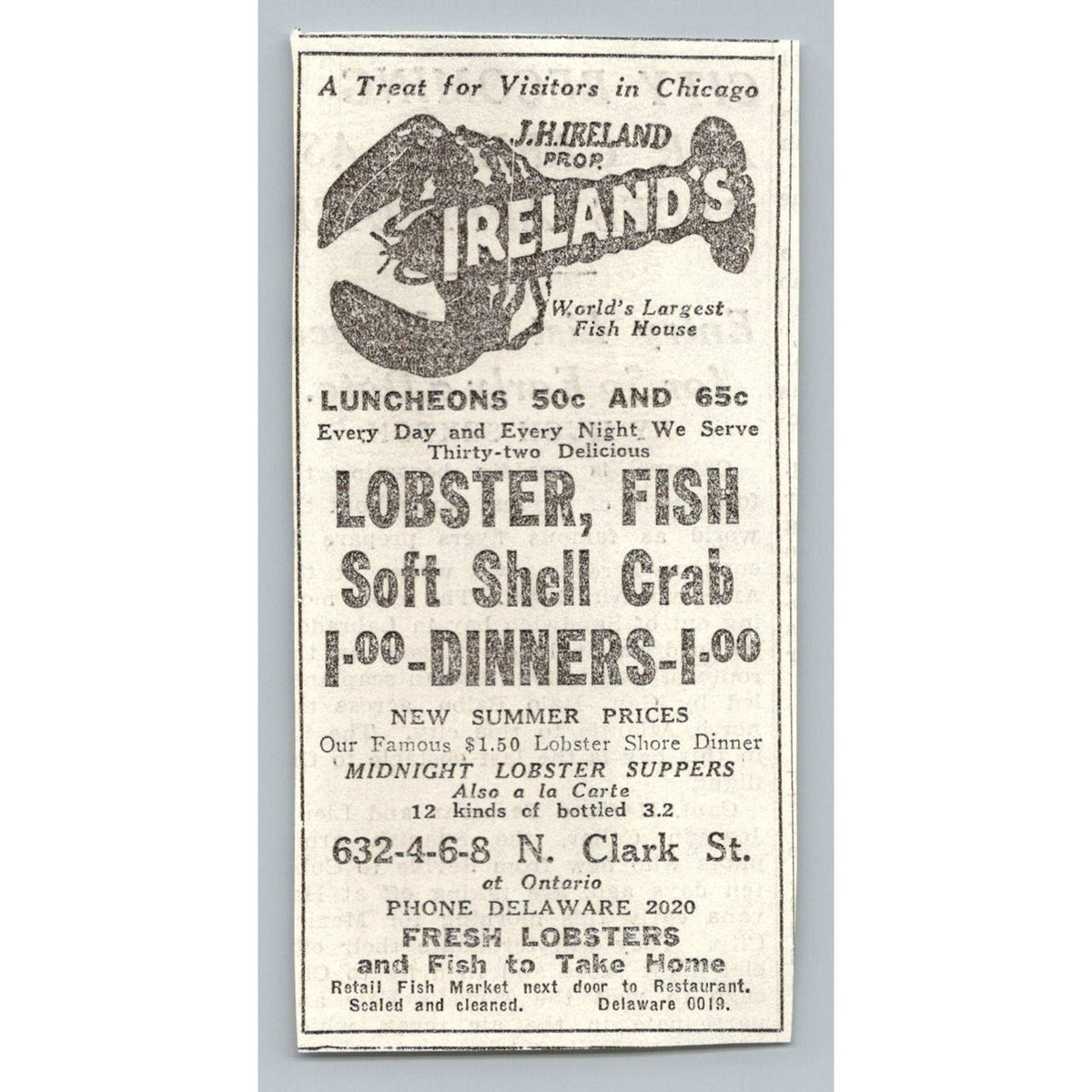 1933 Ireland's Fish House Chicago Ad 1930s Lobster Dinner Ephemera Rates