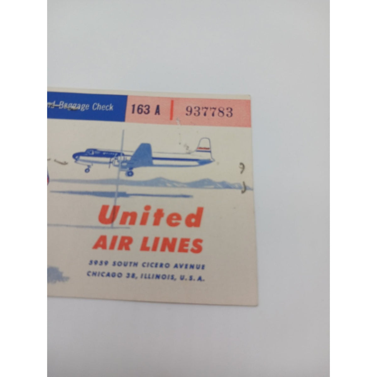 1954 United Air Lines Passenger Ticket Baggage Check Receipt Chicago Ephemera