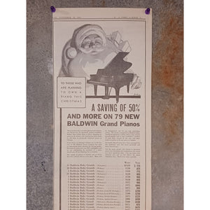 1931 Baldwin Grand Piano Christmas Print Ad Chicago Ephemera Santa Claus Music