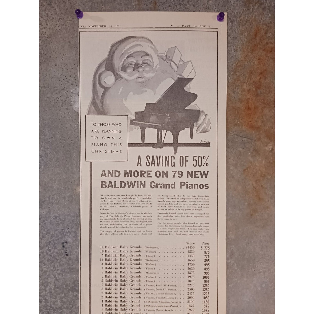 1931 Baldwin Grand Piano Christmas Print Ad Chicago Ephemera Santa Claus Music