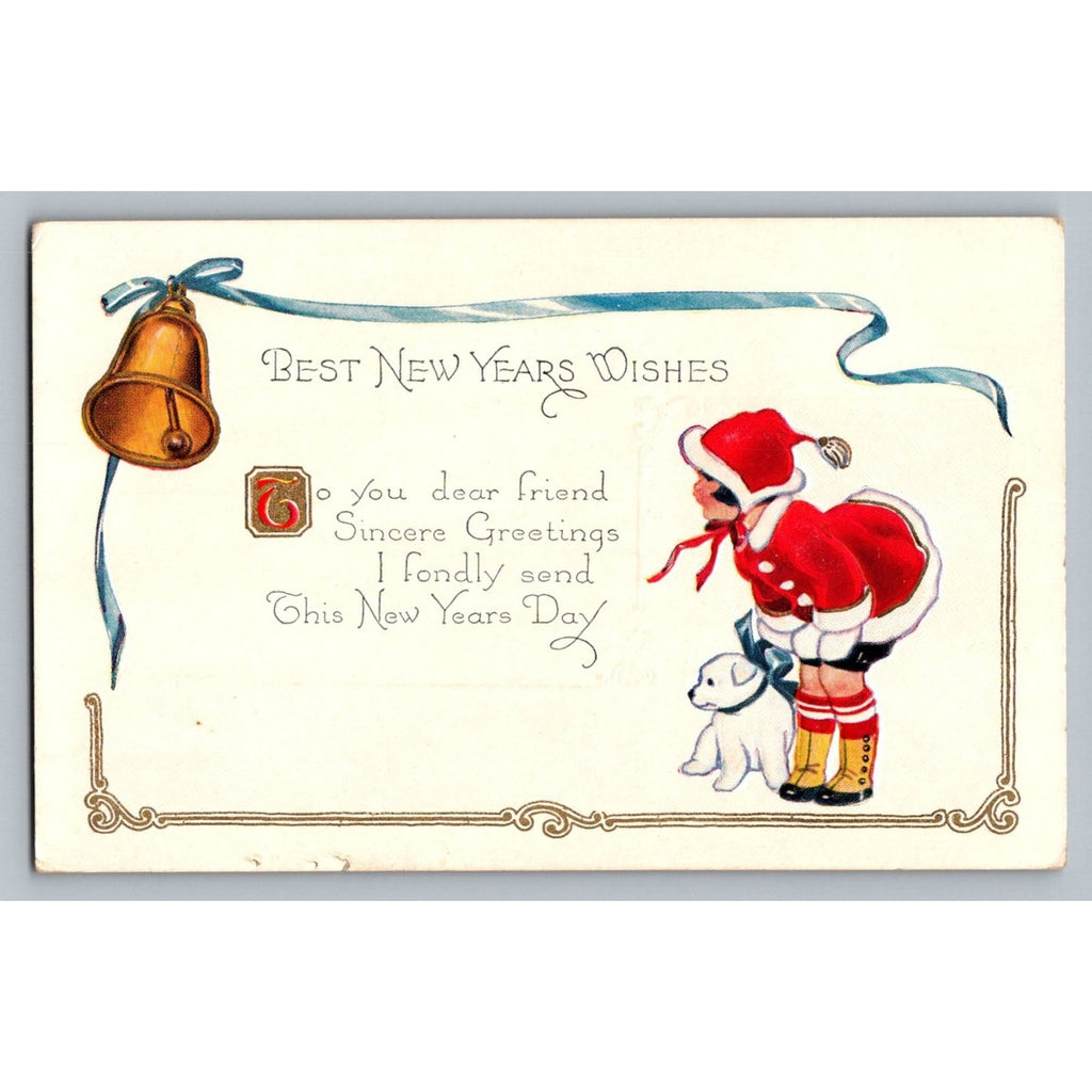 Vintage Embossed New Year Postcard Child in Santa Suit & Dog Bell MADE IN USA