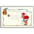 Vintage Embossed New Year Postcard Child in Santa Suit & Dog Bell MADE IN USA