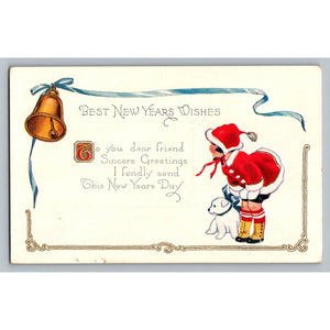 Vintage Embossed New Year Postcard Child in Santa Suit & Dog Bell MADE IN USA