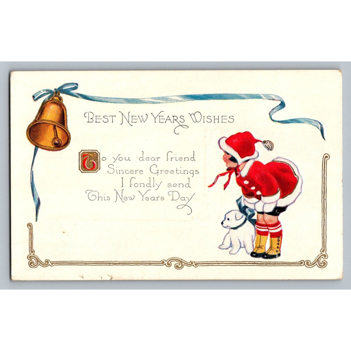 Vintage Embossed New Year Postcard Child in Santa Suit & Dog Bell MADE IN USA