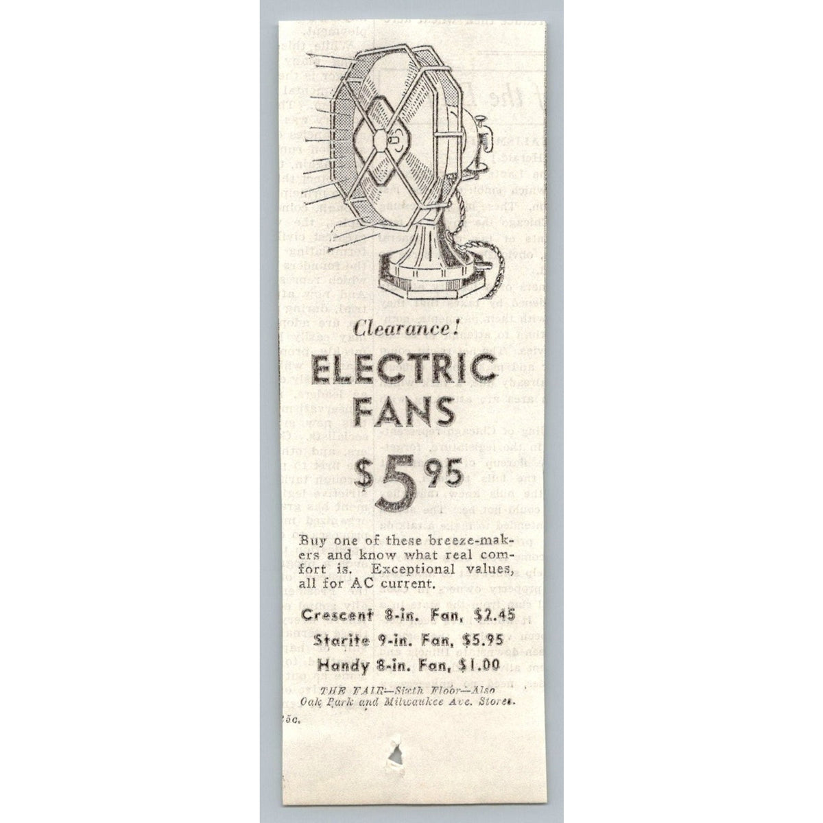 1930s The Fair Department Store Electric Fan Advertisement Print Ad Chicago