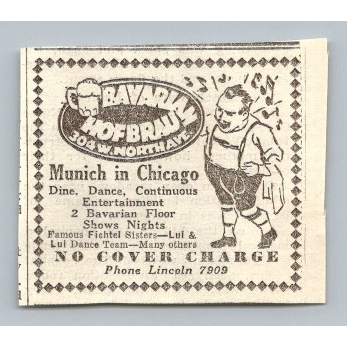 1933 Bavarian Hofbrau Chicago Print Ad Clipping German Entertainment Ephemera