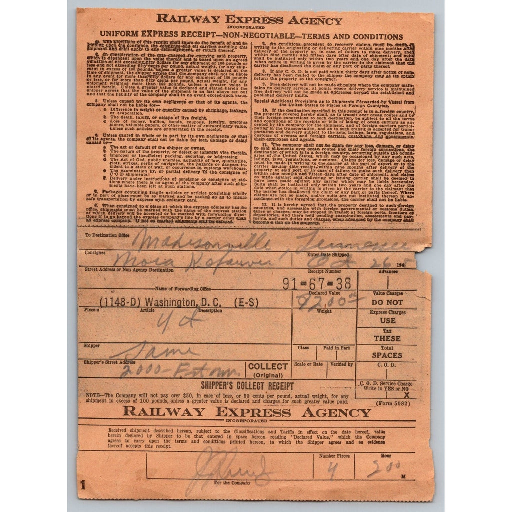1944 Railway Express Agency Receipt Madisonville TN Ephemera Waybill
